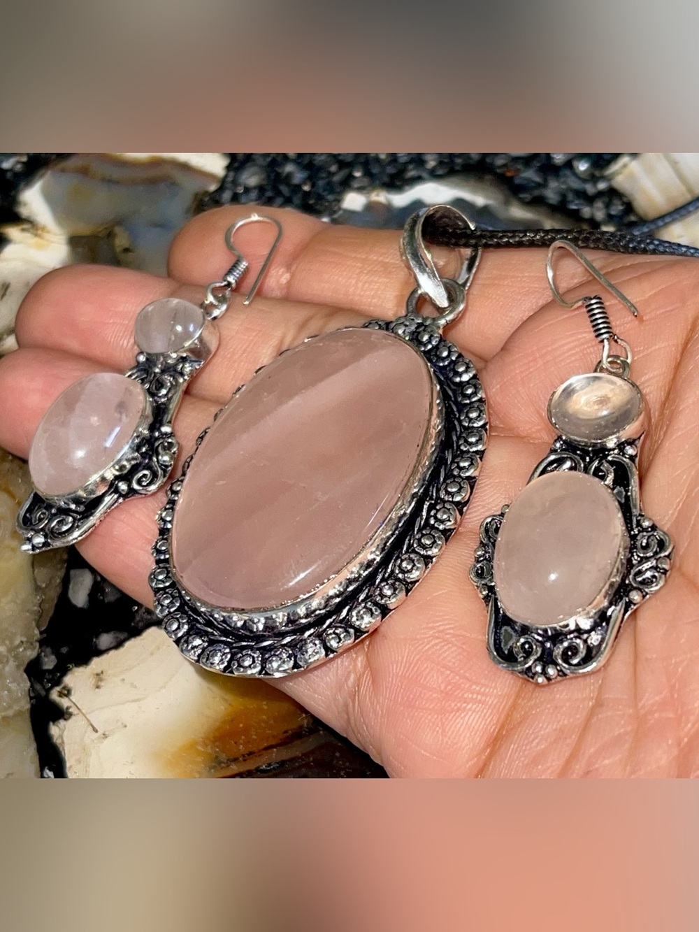 Pale Pink Rose Quartz Pendant & Earrings Set